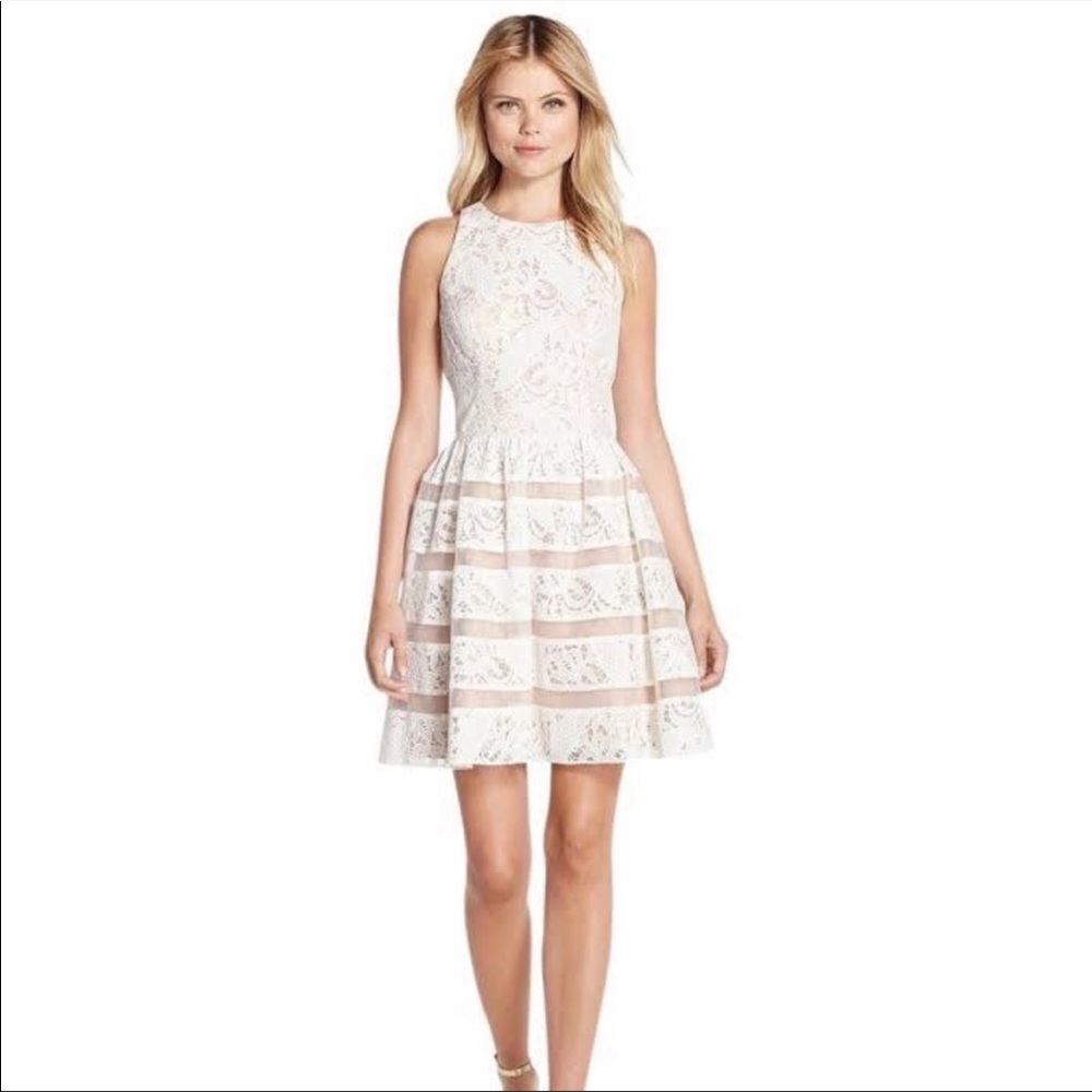 Aidan Mattox white lace and nude underlay fit flare dress size 6